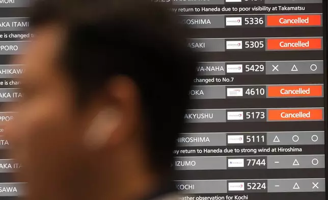 A departing flight information board shows that some flights were canceled due to an approaching Typhoon Shanshan at Haneda airport Thursday, Aug. 29, 2024, in Tokyo. (AP Photo/Eugene Hoshiko)