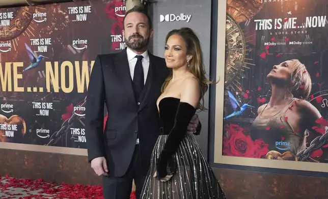 FILE - Ben Affleck, left, and Jennifer Lopez arrive at the premiere of "This Is Me... Now: A Love Story" on Feb. 13, 2024, in Los Angeles. (Photo by Jordan Strauss/Invision/AP, File)