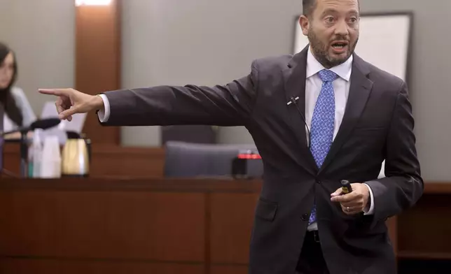 Chief Deputy District Attorney Christopher Hamner gives his closing argument during the murder trial for Robert Telles, a former Clark County public administrator charged in the murder of Las Vegas Review-Journal investigative journalist Jeff German, at the Regional Justice Center in Las Vegas, Monday, Aug. 26, 2024. (K.M. Cannon/Las Vegas Review-Journal via AP, Pool)