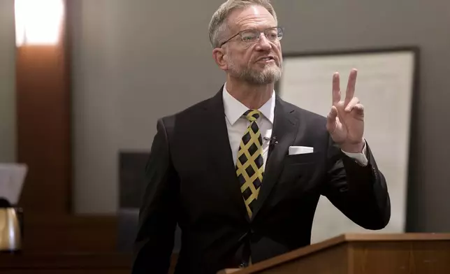 Defense attorney Robert Draskovich gives his closing argument during the murder trial for Robert Telles, a former Clark County public administrator charged in the murder of Las Vegas Review-Journal investigative journalist Jeff German, at the Regional Justice Center in Las Vegas, Monday, Aug. 26, 2024. (K.M. Cannon/Las Vegas Review-Journal via AP, Pool)