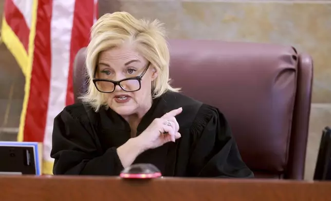 District Judge Michelle Leavitt speaks during a hearing for a juror question during deliberations for murder trial for Robert Telles, a former Clark County public administrator charged in the murder of Las Vegas Review-Journal investigative journalist Jeff German, at the Regional Justice Center in Las Vegas, Monday, Aug. 26, 2024. (K.M. Cannon/Las Vegas Review-Journal via AP, Pool)