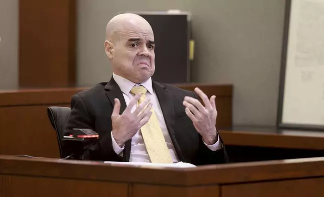 Robert Telles addresses the jury during his murder trial at the Regional Justice Center in Las Vegas, Friday, Aug. 23, 2024. Telles, a former Clark County public administrator, is charged in the murder of Las Vegas Review-Journal investigative journalist Jeff German. (K.M. Cannon/Las Vegas Review-Journal via AP)