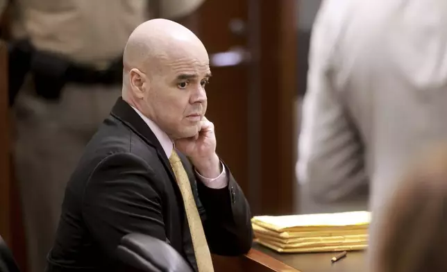 Robert Telles waits for proceedings to begin during his murder trial at the Regional Justice Center in Las Vegas, Friday, Aug. 23, 2024. Telles, a former Clark County public administrator, is charged in the murder of Las Vegas Review-Journal investigative journalist Jeff German. (K.M. Cannon/Las Vegas Review-Journal via AP)