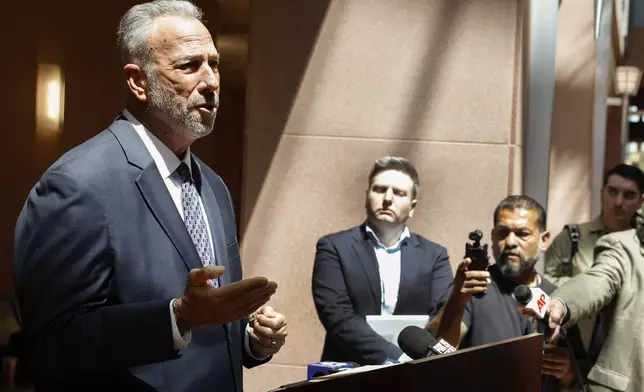 Clark County District Attorney Steve Wolfson addresses the media about the guilty verdict in former Clark County Public Administrator Robert Telles trial for the murder of Las Vegas Review-Journal investigative reporter Jeff German at the Regional Justice Court Wednesday, Aug. 28, 2024, in Las Vegas, (Bizuayehu Tesfaye/Las Vegas Review-Journal via AP)