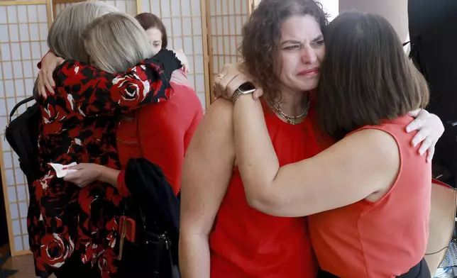 From left, former co-workers of Robert Telles, Rita Reid, Aleisha Goodwin, Jessica Coleman and Noraine Pagdanganan react to a guilty verdict in Telles' murder trial at the Regional Justice Center in Las Vegas Wednesday, August 28, 2024. (K.M. Cannon/Las Vegas Review-Journal, Pool)/