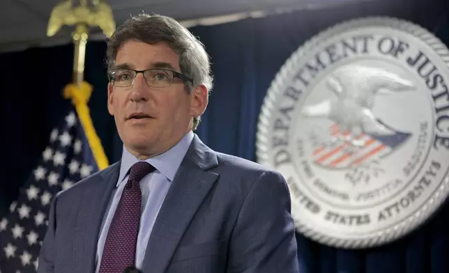 Acting U.S. Attorney Joshua S. Levy holds a news conference at the U.S. Attorney's office in Boston on Wednesday, Aug,. 28, 2024, about the arrest and charges of former Stoughton Police officer Matthew Farwell accused of killing Sandra Birchmore. (Pat Greenhouse/The Boston Globe via AP)