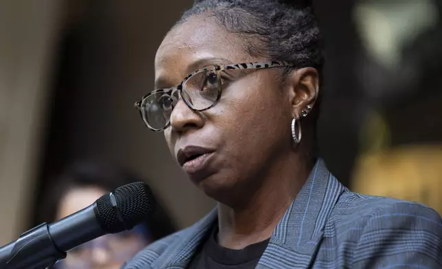 Carol McMillian, bakery manager at Kroger-owned King Soopers and member of Local 7, speaks about the Kroger and Albertsons merger during a news conference outside the federal courthouse before a hearing on the merger on Monday, Aug. 26, 2024, in Portland, Ore. (AP Photo/Jenny Kane)