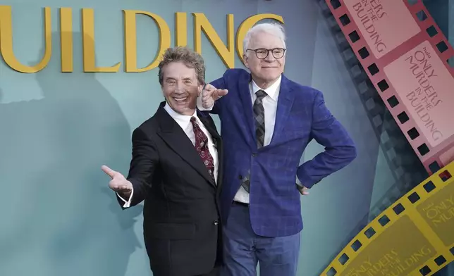 Martin Short, left, and Steve Martin arrive at the premiere of "Only Murders in the Building" at Paramount Pictures on Thursday, Aug. 22, 2024, in Los Angeles. (Photo by Jordan Strauss/Invision/AP)