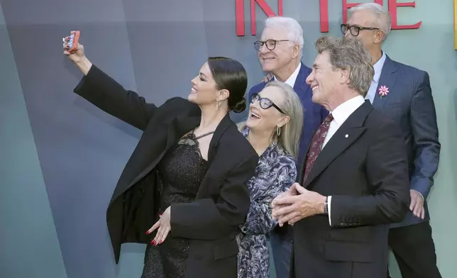 Selena Gomez, from left, Meryl Streep, Steve Martin, Martin Short, and John Hoffman arrive at the premiere of "Only Murders in the Building" at Paramount Pictures on Thursday, Aug. 22, 2024, in Los Angeles. (Photo by Jordan Strauss/Invision/AP)