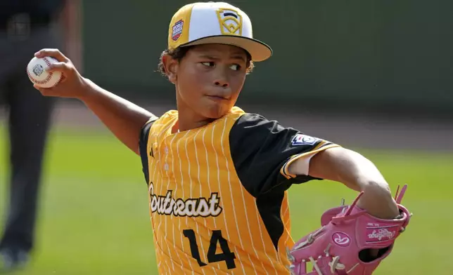 Lake Mary, Fla.'s James Feliciano delivers during the first inning of the United States Championship baseball game against Boerne, Texas at the Little League World Series tournament in South Williamsport, Pa., Saturday, Aug. 24, 2024. (AP Photo/Gene J. Puskar)