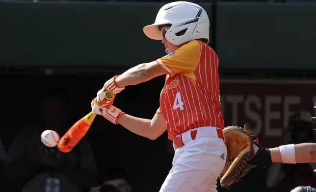 Boerne, Texas' Kaleb Christ (4) grounds out, driving in a run, during the second inning of the United States Championship baseball game against Lake Mary, Fla. at the Little League World Series tournament in South Williamsport, Pa., Saturday, Aug. 24, 2024. (AP Photo/Gene J. Puskar)