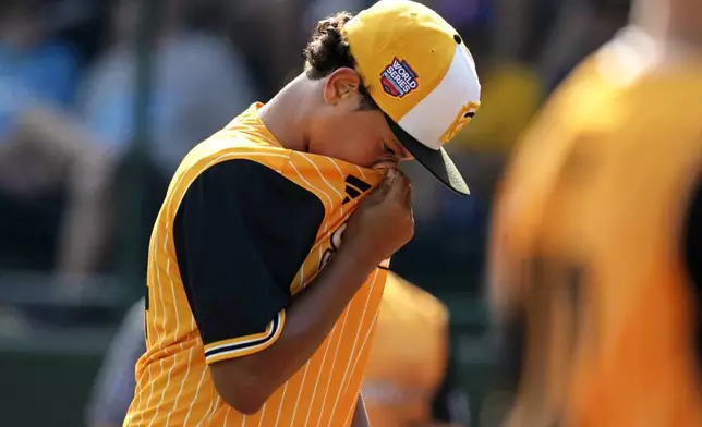 Lake Mary, Fla.'s James Feliciano collects himself on the mound after giving up a two-run double to Boerne, Texas' Doc Mogford during the third inning of the United States Championship baseball game at the Little League World Series tournament in South Williamsport, Pa., Saturday, Aug. 24, 2024. (AP Photo/Gene J. Puskar)