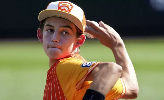 Boerne, Texas' Julian Hurst delivers during the first inning of the United States Championship baseball game against Lake Mary, Fla., at the Little League World Series tournament in South Williamsport, Pa., Saturday, Aug. 24, 2024. (AP Photo/Gene J. Puskar)