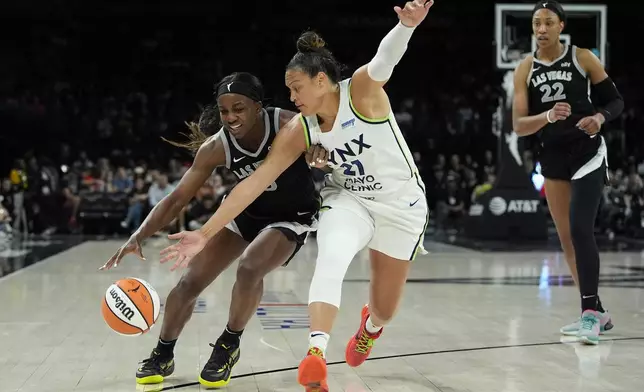 Minnesota Lynx guard Kayla McBride, right, guards Las Vegas Aces guard Jackie Young (0) during the first half of a WNBA basketball game Wednesday, Aug. 21, 2024, in Las Vegas. (AP Photo/John Locher)