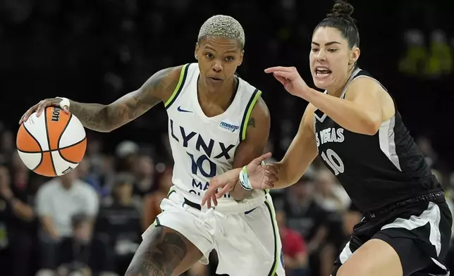 Minnesota Lynx guard Courtney Williams drives against Las Vegas Aces guard Kelsey Plum (10) during the second half of a WNBA basketball game Wednesday, Aug. 21, 2024, in Las Vegas. (AP Photo/John Locher)