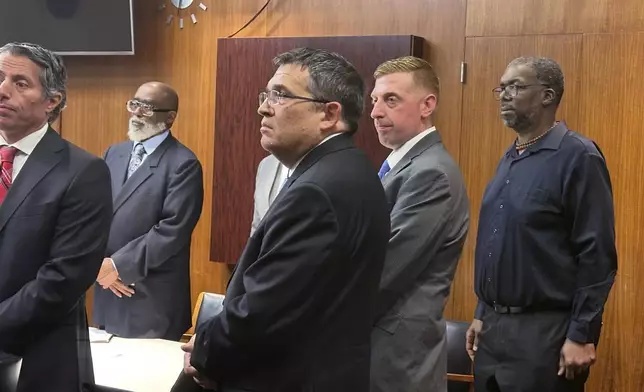 John Seiberling, Gaven King and Aaron Maree appear for the first day of their involuntary manslaughter trial in Oakland County, Mich., on Aug. 19, 2024. (AP Photo/Ed White)