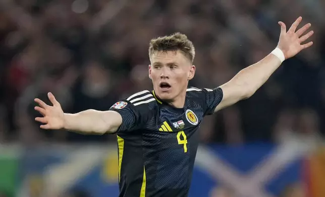 FILE - Scotland's Scott McTominay reacts during a Group A match between Scotland and Hungary at the Euro 2024 soccer tournament in Stuttgart, Germany, June 23, 2024. (AP Photo/Matthias Schrader, File)