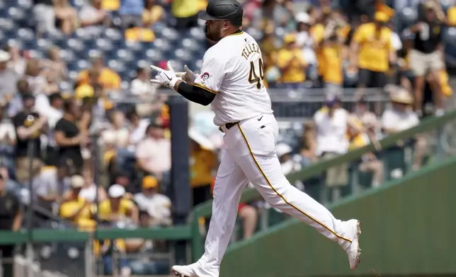 Pittsburgh Pirates' Rowdy Tellez rounds the bases after hitting a two-run home run during the fourth inning of a baseball game against the Seattle Mariners, Saturday, Aug. 17, 2024, in Pittsburgh. (AP Photo/Matt Freed)