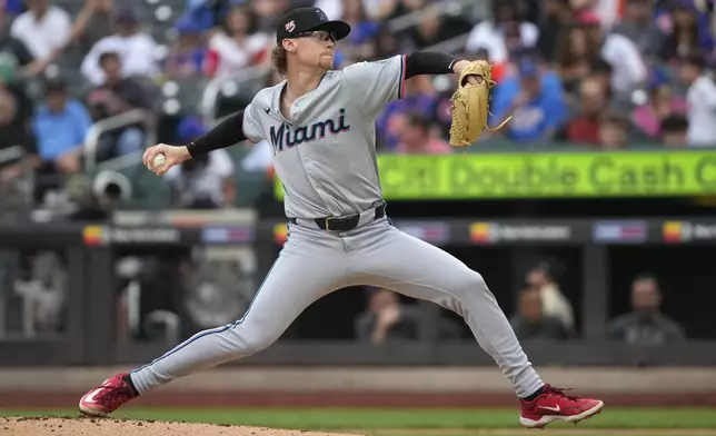 Miami Marlins' Max Meyer pitches during the first inning of a baseball game against the New York Mets, Saturday, Aug. 17, 2024, in New York. (AP Photo/Pamela Smith)