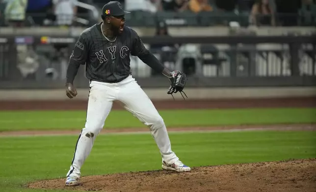 New York Mets pitcher Luis Severino reacts after pitching a shutout during the ninth inning of a baseball game against the Miami Marlins, Saturday, Aug. 17, 2024, in New York. (AP Photo/Pamela Smith)