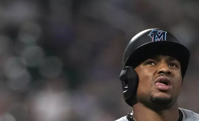 Miami Marlins' Xavier Edwards reacts after grounding out to New York Mets first baseman Pete Alonso during the eighth inning of a baseball, Friday, Aug. 16, 2024, in New York. (AP Photo/Pamela Smith)