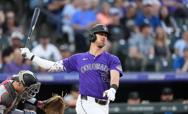 Colorado Rockies' Nolan Jones strikes out against Miami Marlins starting pitcher Edward Cabrera to end the second inning of a baseball game Monday, Aug. 26, 2024, in Denver. (AP Photo/David Zalubowski)