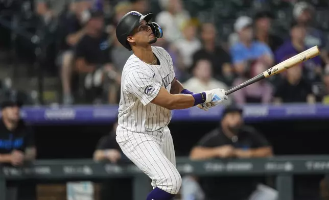 Colorado Rockies' Ezequiel Tovar follows the flight of his sacrifice fly to drive in a run off Miami Marlins relief pitcher Mike Baumann in the sixth inning of a baseball game, Tuesday, Aug. 27, 2024, in Denver. (AP Photo/David Zalubowski)