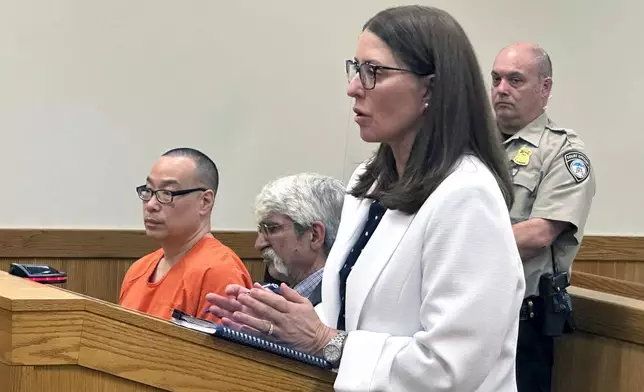 FILE - Michigan Assistant Attorney General Shawn Ryan speaks in court, as pharmacist Glenn Chin, is seated, far left, in Howell, Mich., Friday, May 17, 2024. (AP Photo/Ed White, File)