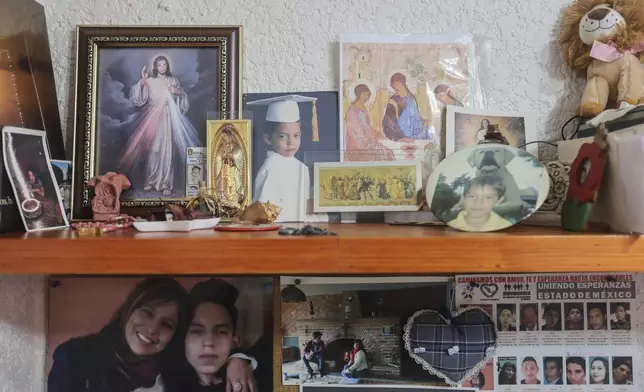 Childhood photos of Diego Maximiliano stand with religious images in his mother's office at her home in Ecatepec, Mexico, Friday, Aug. 2, 2024. Diego went missing when he was 16 years old on Sept. 4, 2015. (AP Photo/Ginnette Riquelme)