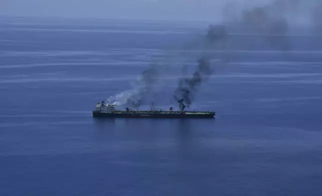 This photo released by the European Union's Operation Aspides shows fires burning aboard the oil tanker Sounion in the Red Sea on Sunday, Aug. 25, 2024. The EU mission said Monday that there were no signs of an oil spill emanating from the Sounion, which came under repeated attack by Yemen's Houthi rebels amid their campaign targeting shipping over the Israel-Hamas war in the Gaza Strip. (European Union's Operation Aspides via AP)