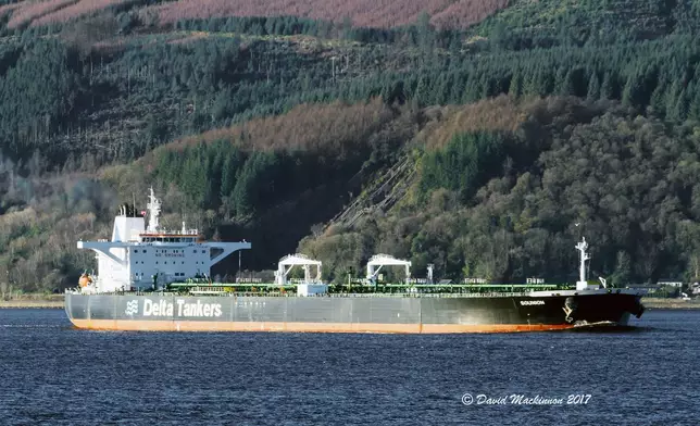 The Greek-flagged oil tanker Sounion is seen heading into the Finnart Ocean Terminal in the United Kingdom on Nov. 29, 2017. The Sounion traveling through the Red Sea came under repeated attack Wednesday, Aug. 21, 2024, leaving the vessel "not under command" and drifting ablaze after an assault suspected to have been carried out by Yemen's Houthi rebels, the British military said. (David Mackinnon via AP)