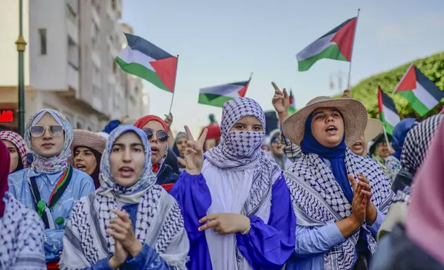 Demonstrators take part in a rally in support of Palestinians in Gaza, in Rabat, Morocco, Saturday, Aug. 3, 2024. (AP Photo)