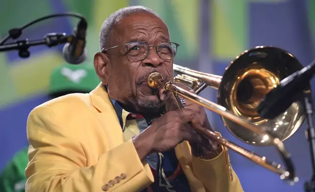 Trombonist Fred Wesley performs during the Newport Jazz Festival, Sunday, Aug. 4, 2024, in Newport, R.I. (AP Photo/Steven Senne)