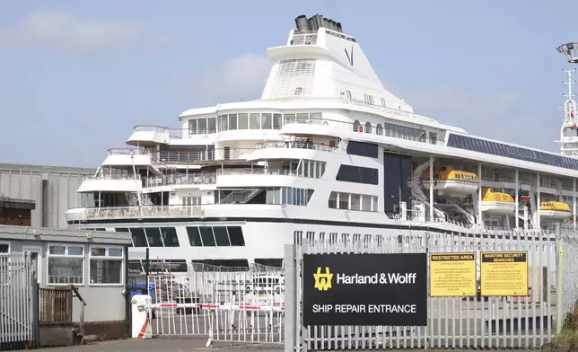 The Odyssey, a US cruise liner operated by Villa Vie Residences docked at Harland &amp; Wolf ship repair facility in Belfast Harbour, Northern Ireland, Friday, Aug. 30, 2024. (AP Photo/Peter Morrison)