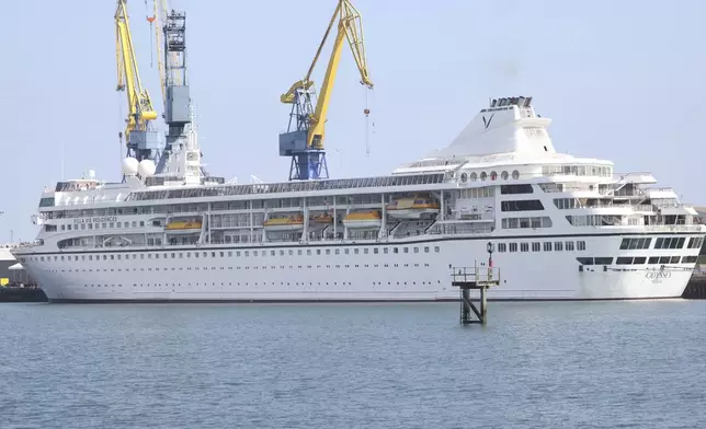 The Odyssey, a US cruise liner operated by Villa Vie Residences docked at Harland &amp; Wolf ship repair facility in Belfast Harbour, Northern Ireland, Friday, Aug. 30, 2024. (AP Photo/Peter Morrison)