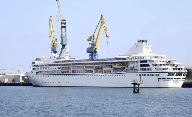 The Odyssey, a US cruise liner operated by Villa Vie Residences docked at Harland &amp; Wolf ship repair facility in Belfast Harbour, Northern Ireland, Friday, Aug. 30, 2024. (AP Photo/Peter Morrison)