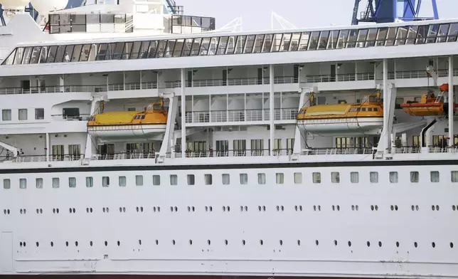 The Odyssey, a US cruise liner operated by Villa Vie Residences docked at Harland &amp; Wolf ship repair facility in Belfast Harbour, Northern Ireland, Friday, Aug. 30, 2024. (AP Photo/Peter Morrison)