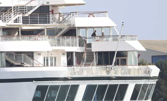 The Odyssey, a US cruise liner operated by Villa Vie Residences docked at Harland &amp; Wolf ship repair facility in Belfast Harbour, Northern Ireland, Friday, Aug. 30, 2024. (AP Photo/Peter Morrison)