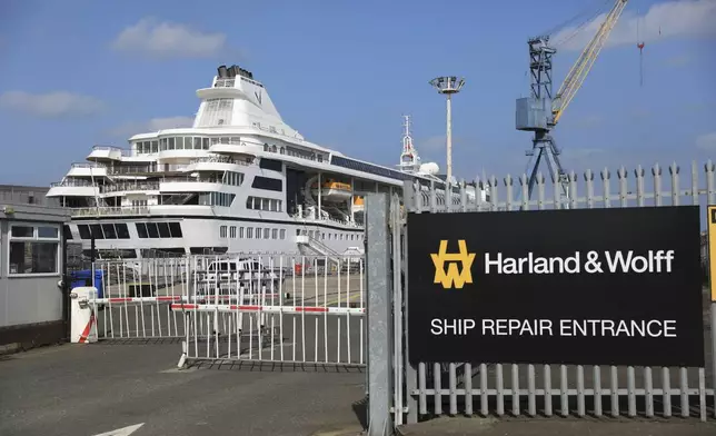 The Odyssey, a US cruise liner operated by Villa Vie Residences docked at Harland &amp; Wolf ship repair facility in Belfast Harbour, Northern Ireland, Friday, Aug. 30, 2024. (AP Photo/Peter Morrison)