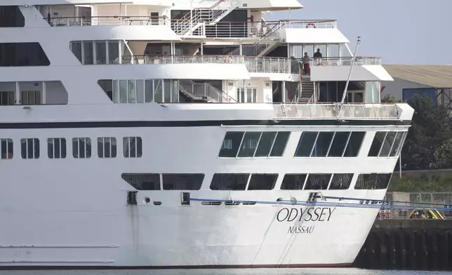 The Odyssey, a US cruise liner operated by Villa Vie Residences docked at Harland &amp; Wolf ship repair facility in Belfast Harbour, Northern Ireland, Friday, Aug. 30, 2024. (AP Photo/Peter Morrison)