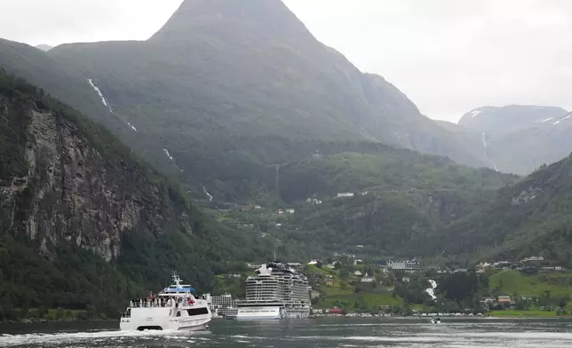 One of the boats transports guests from Alesund to wedding celebrations in Geiranger, Norway, Friday, Aug. 30, 2024, before the wedding ceremony of Princess Märtha Louise and Derek Verrett on Saturday. (Heiko Junge/NTB Scanpix via AP)