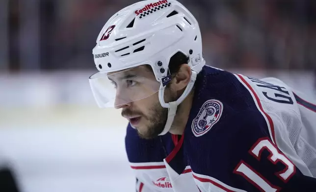 FILE - Columbus Blue Jackets' Johnny Gaudreau plays during an NHL hockey game, Jan. 4, 2024, in Philadelphia. (AP Photo/Matt Slocum, File)