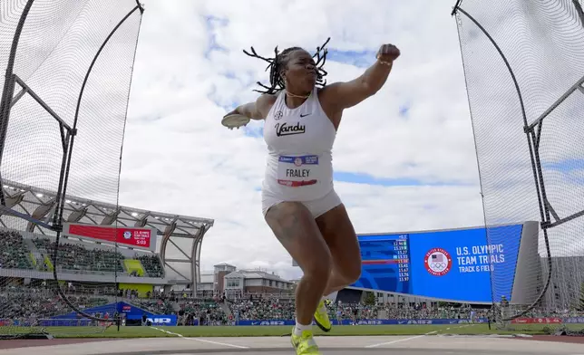 FILE - Veronica Fraley competes in the women's discus throw final during the U.S. Track and Field Olympic Team Trials on June 27, 2024, in Eugene, Ore. (AP Photo/George Walker IV, File)