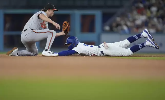 Los Angeles Dodgers' Mookie Betts, right, steals second base under the tag attempt from Baltimore Orioles second baseman Jackson Holliday during the eighth inning of a baseball game, Tuesday, Aug. 27, 2024, in Los Angeles. (AP Photo/Marcio Jose Sanchez)