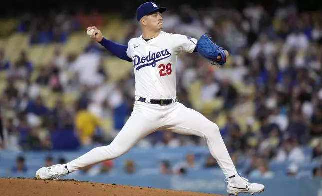 Los Angeles Dodgers starting pitcher Bobby Miller throws to the plate during the first inning of a baseball game against the Baltimore Orioles Thursday, Aug. 29, 2024, in Los Angeles. (AP Photo/Mark J. Terrill)