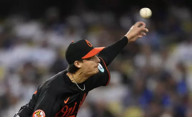 Baltimore Orioles starting pitcher Cade Povich throws to the plate during the first inning of a baseball game against the Los Angeles Dodgers Thursday, Aug. 29, 2024, in Los Angeles. (AP Photo/Mark J. Terrill)