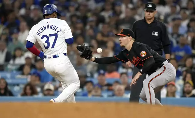 Los Angeles Dodgers' Teoscar Hernández, left, is safe at first as the ball bounces away from Baltimore Orioles first baseman Ryan O'Hearn after Hernández was hit with it while being caught between second and first during the fourth inning of a baseball game Thursday, Aug. 29, 2024, in Los Angeles. (AP Photo/Mark J. Terrill)