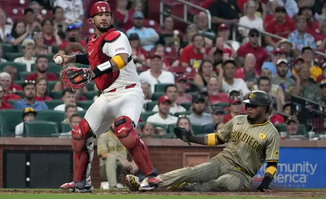 San Diego Padres' Luis Arraez, right, is forced out at home as St. Louis Cardinals catcher Ivan Herrera covers during the third inning of a baseball game Monday, Aug. 26, 2024, in St. Louis. (AP Photo/Jeff Roberson)