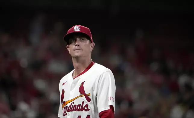 St. Louis Cardinals starting pitcher Kyle Gibson heads off the field after being removed during the fifth inning of a baseball game against the San Diego Padres Monday, Aug. 26, 2024, in St. Louis. (AP Photo/Jeff Roberson)