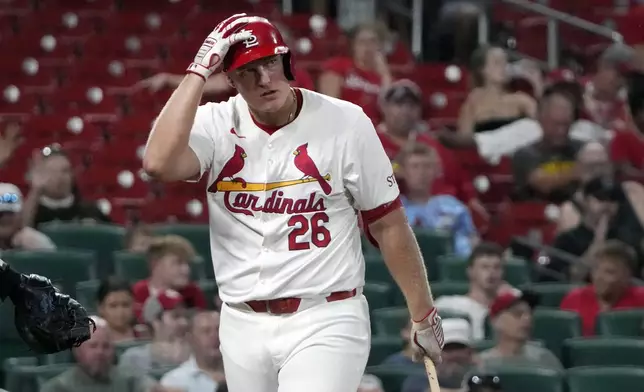 St. Louis Cardinals' Luken Baker reacts after striking out to end the eighth inning of a baseball game against the San Diego Padres Tuesday, Aug. 27, 2024, in St. Louis. (AP Photo/Jeff Roberson)